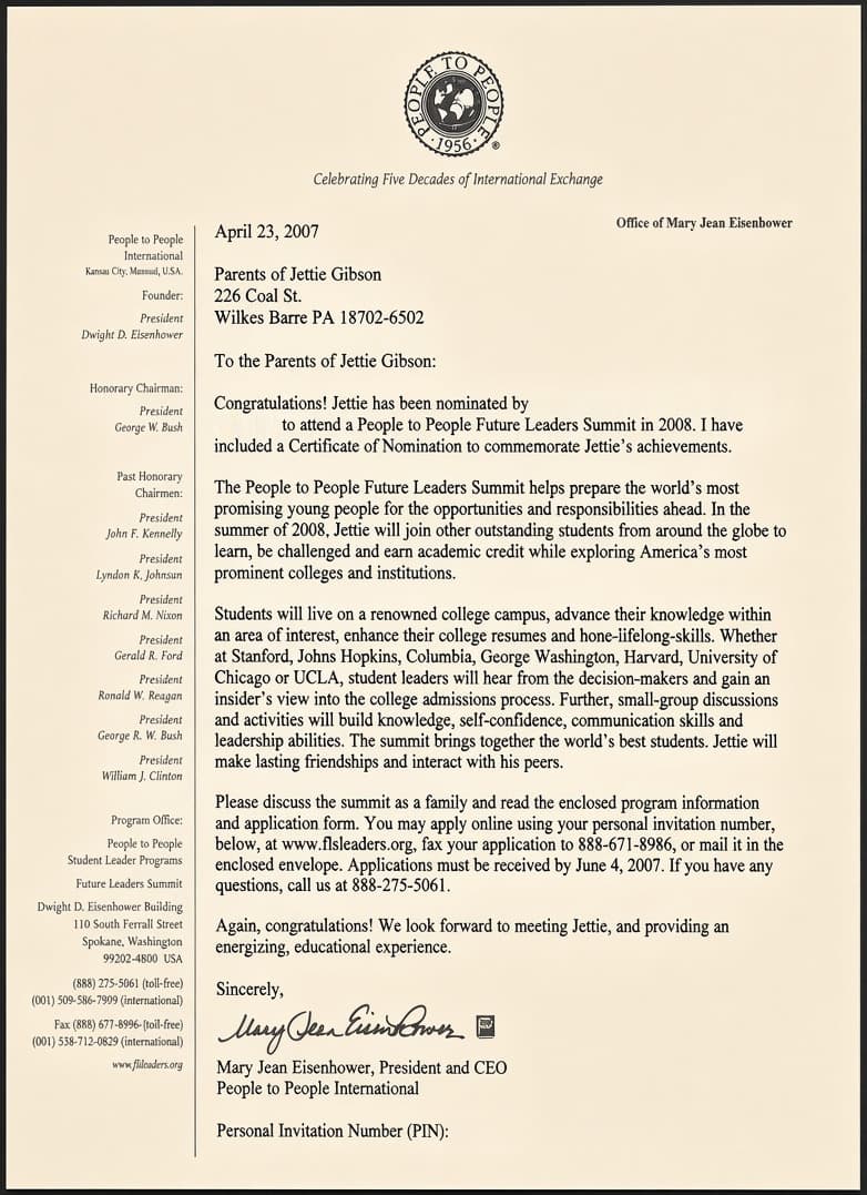 Letter from People to People Ambassador Programs dated April 23, 2007, confirming Jettie's nomination to attend a Future Leaders Summit.