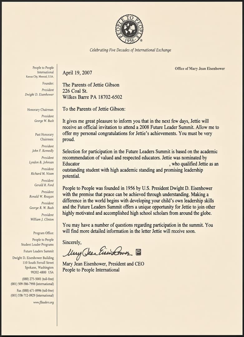 Letter from People to People Ambassador Programs dated April 19, 2007, describing Jettie's nomination for high academic standing and leadership potential.
