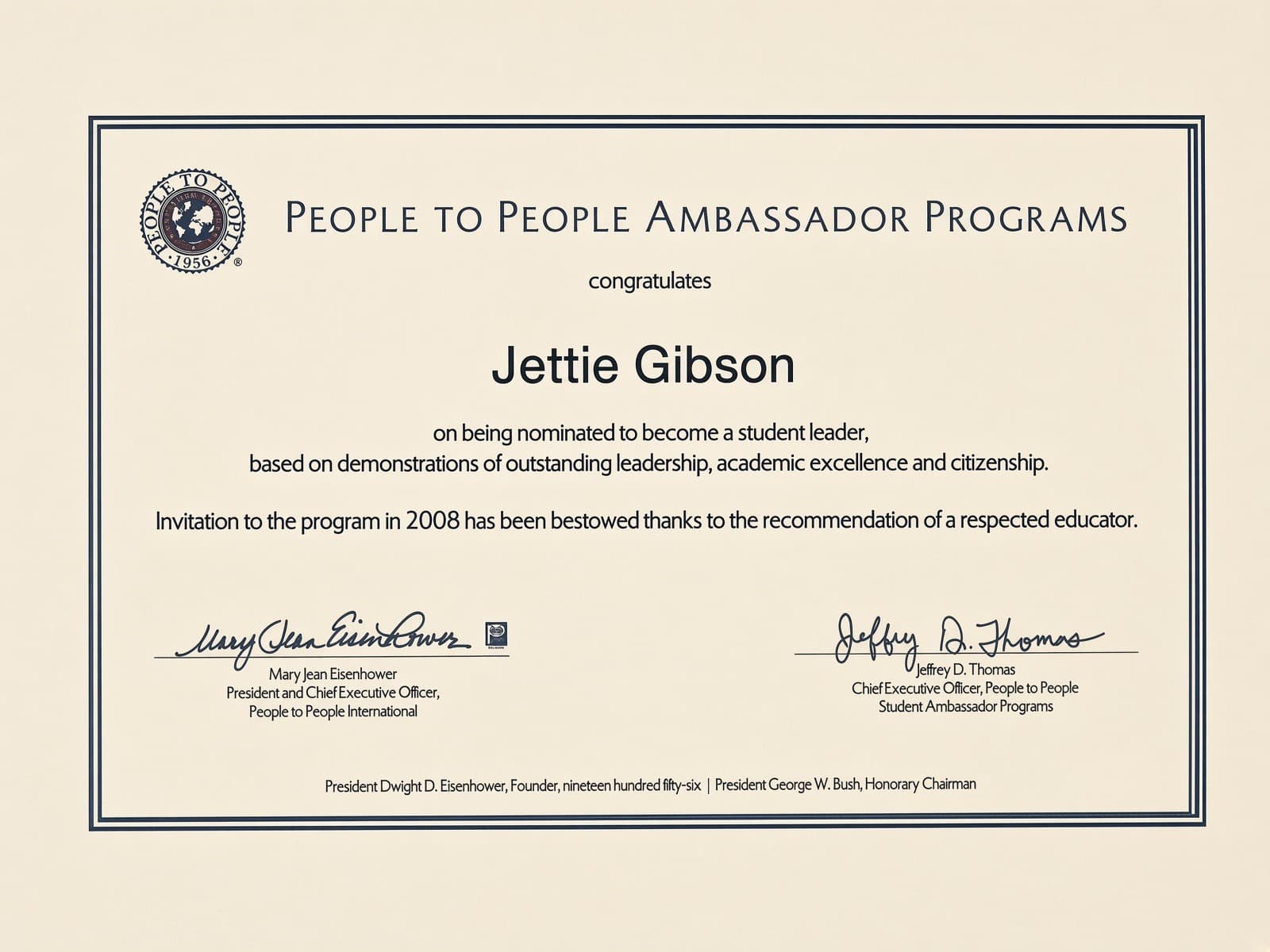 People to People Ambassador Programs certificate of nomination issued to Jettie Gibson.