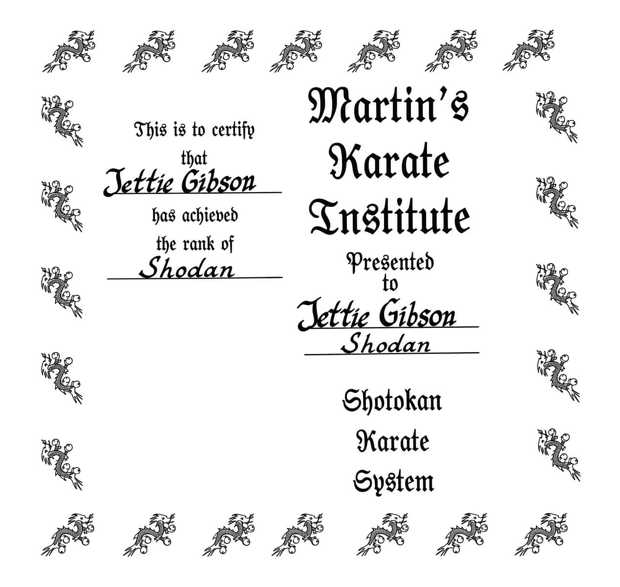 Rank certificate for Shodan, first degree black belt, issued to Jettie Gibson.