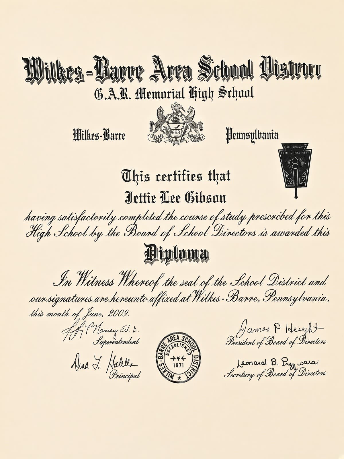 High school diploma issued by the Wilkes-Barre Area School District.