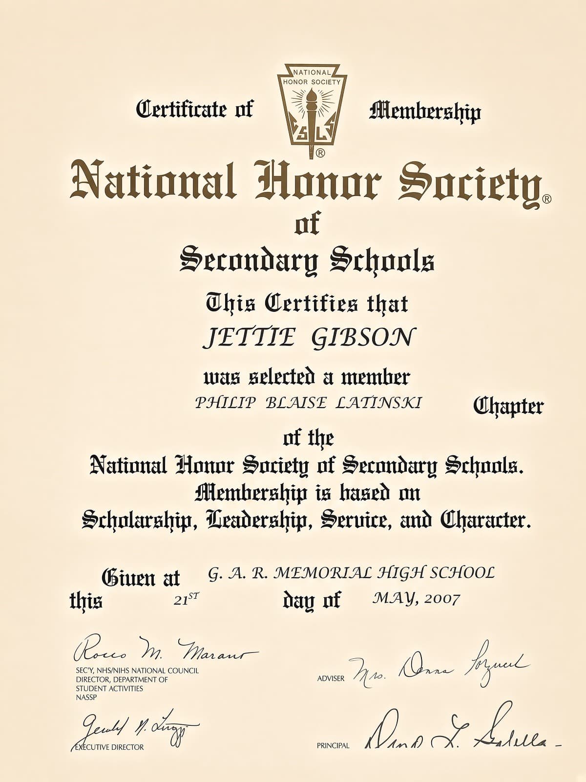National Honor Society of Secondary Schools certificate of membership dated 2007.