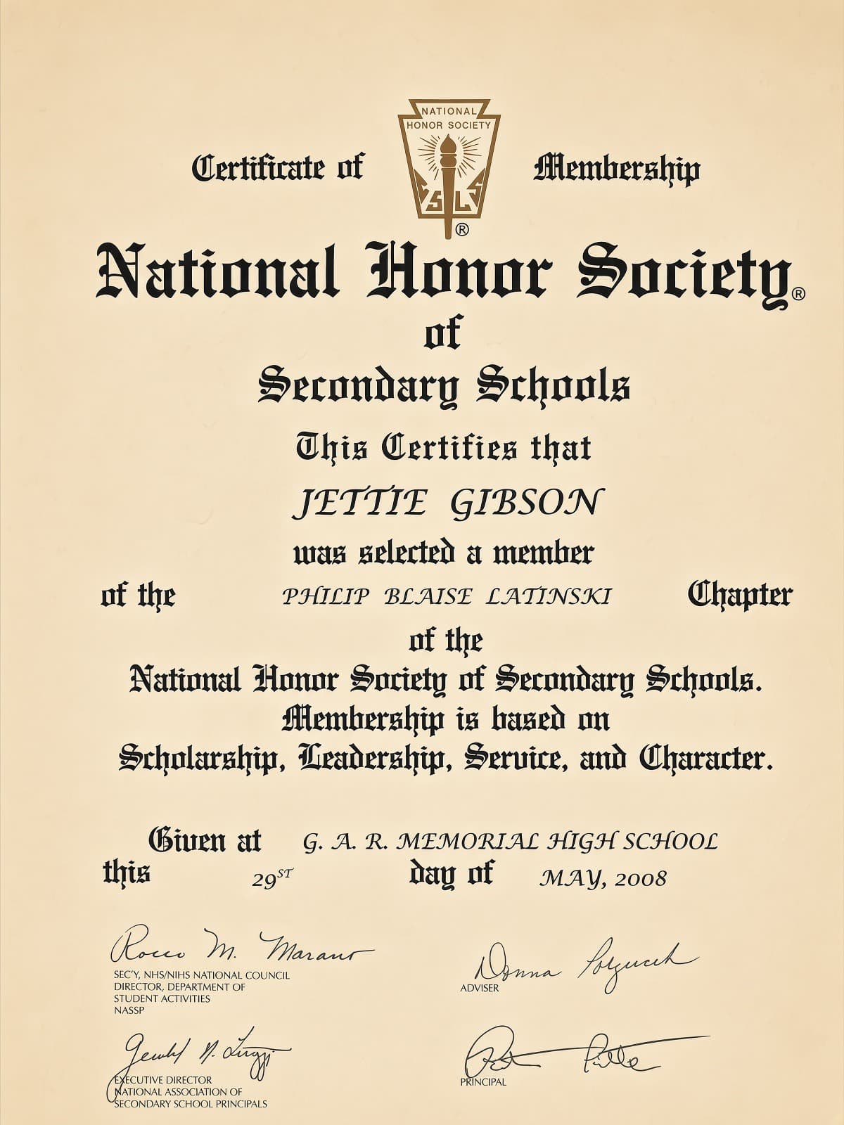 National Honor Society of Secondary Schools certificate of membership dated 2008.